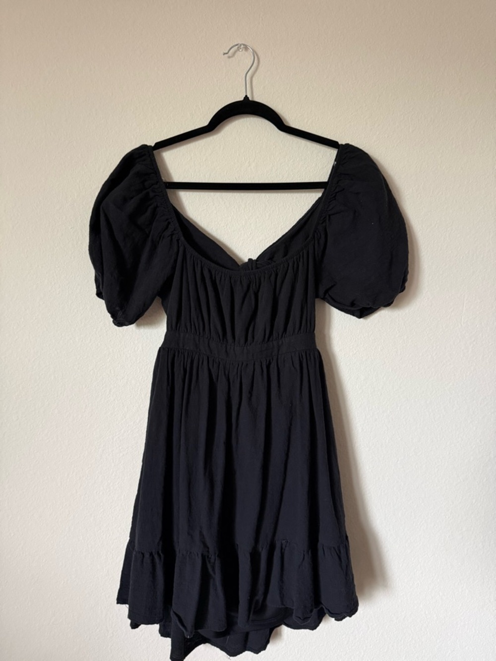 Black Puff-Sleeve Mini Dress with Elastic Waist